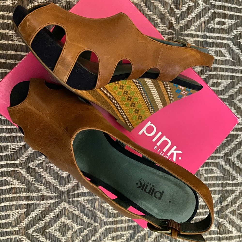 Pink vegan leather wedges with weave pattern